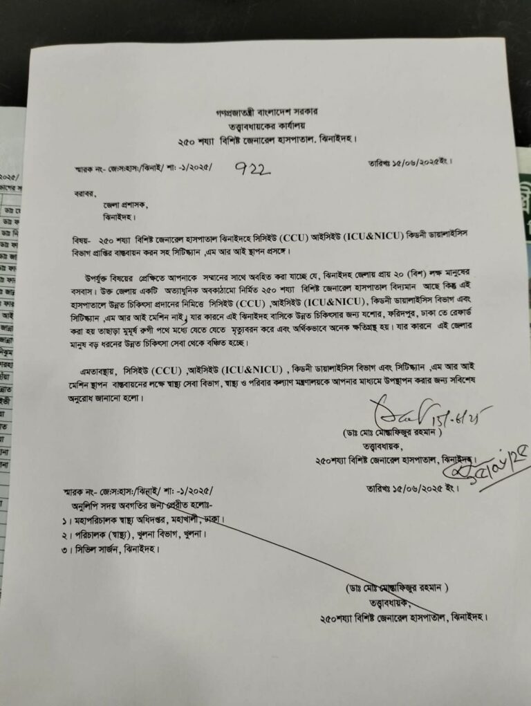 ঝিনাইদহে আইসিইউ-সিসিইউ স্থাপনের দাবি, জেলা প্রশাসকের কাছে হাসপাতাল কর্তৃপক্ষের চিঠি